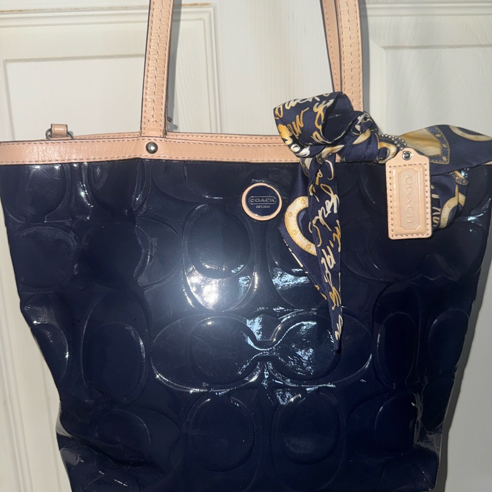 Coach Navy Patent Leather Tote with Tan Trim and Navy/Gold Scarf